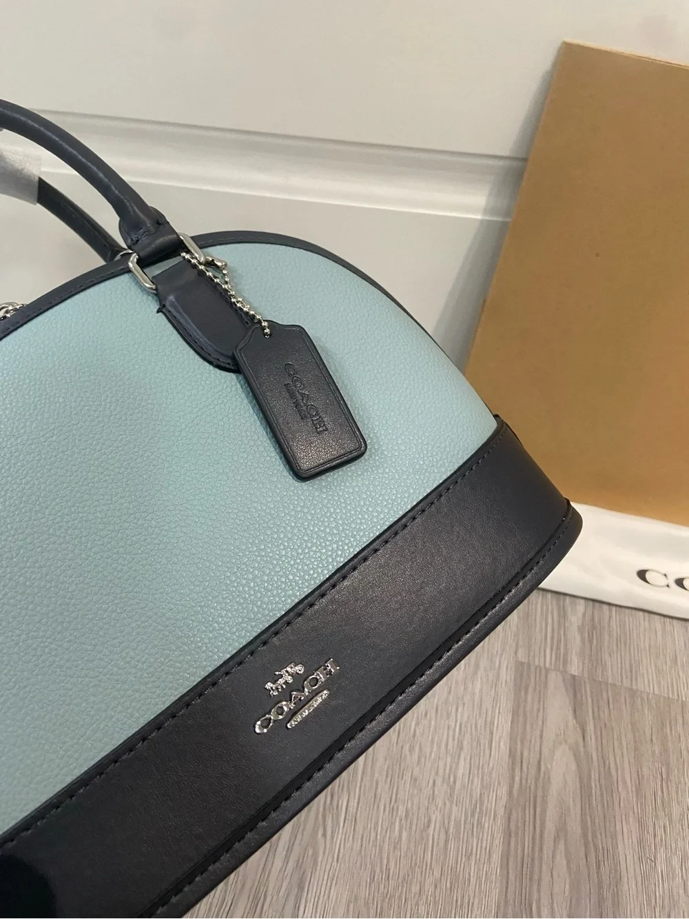 Coach Dome Satchel in Light Blue and Black Pebbled Leather